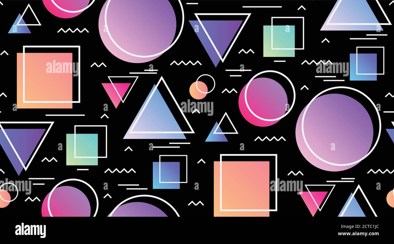 Seamless pattern in the memphis style with geometric shapes on black ...