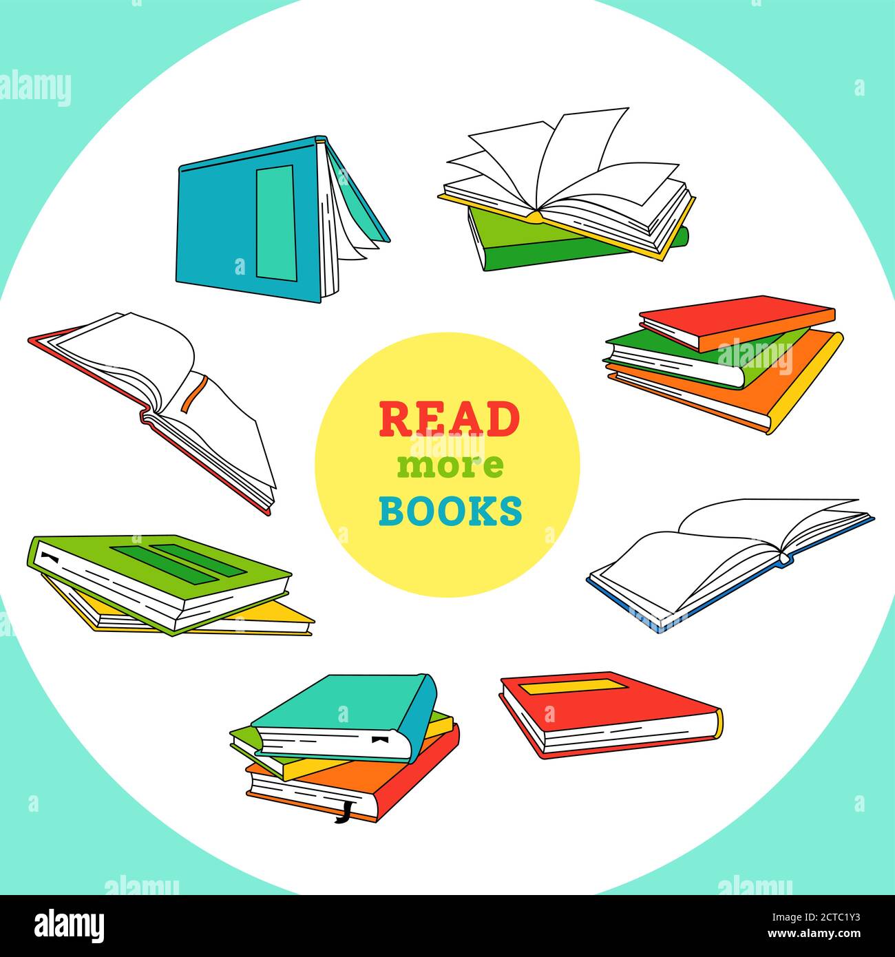 Books cartoon arranged in circle. Empty pages for library. Hand drawn