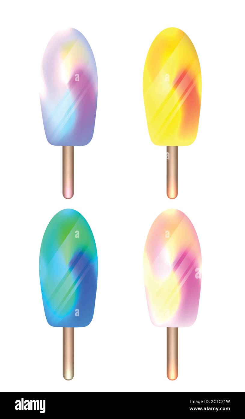 Set of foil ice on stick. Ice cream with a blurry multicolored background. Objects separate from the background. Vector element for your creativity. Stock Vector