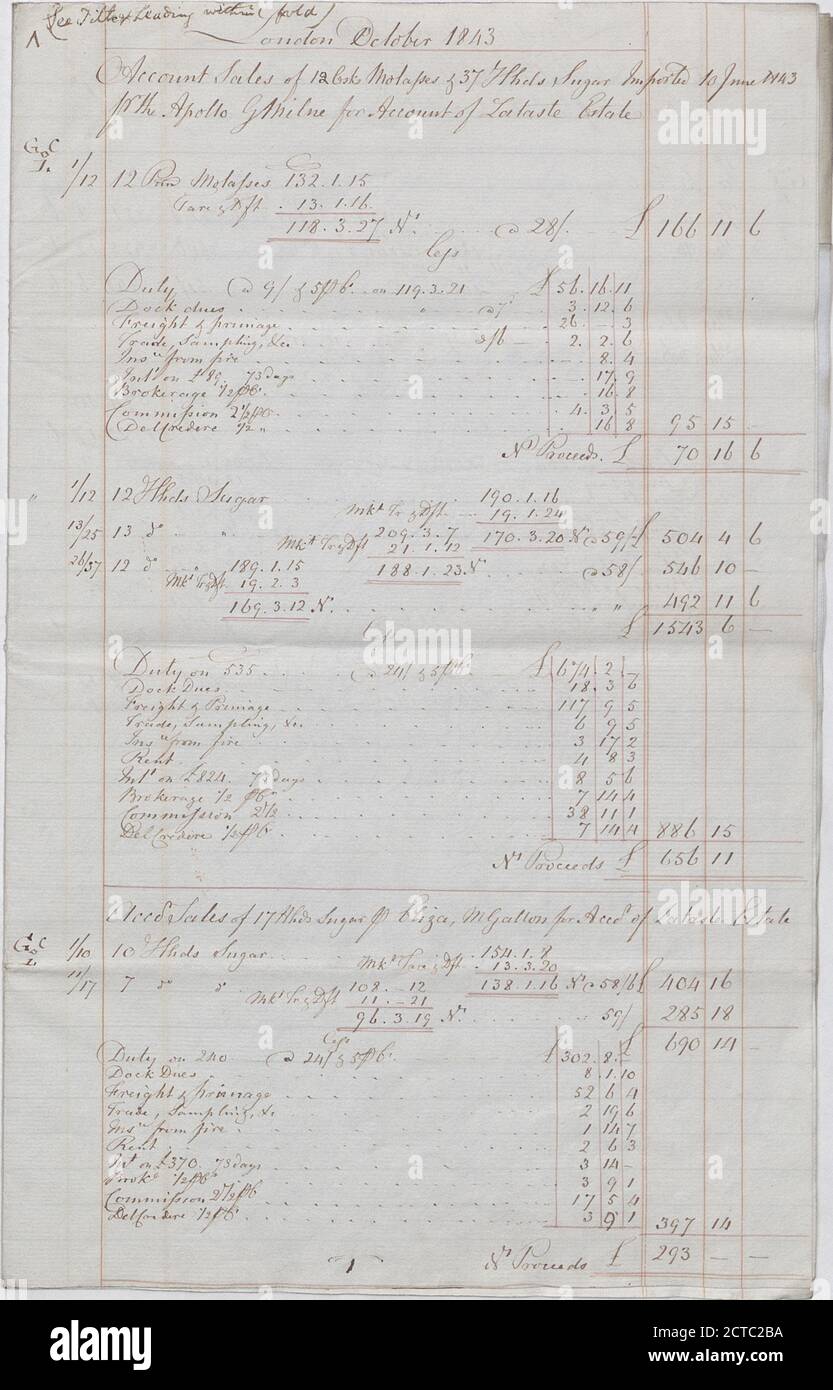 The sixth account of Charles Baumer as consignee of Lataste Estate, text, Documents, 1843 - 1844 Stock Photo