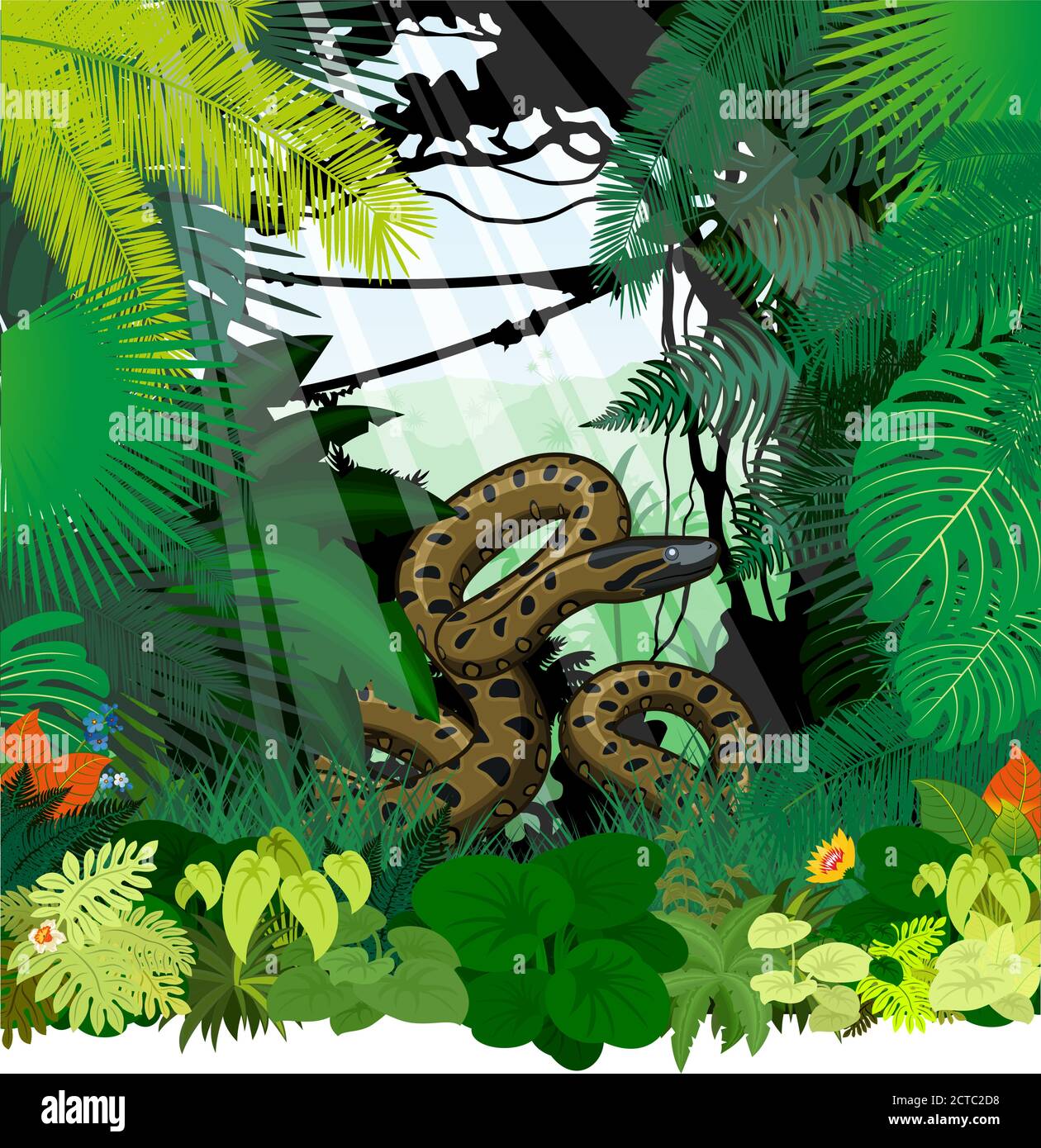 vector Green anaconda in jungle Stock Vector