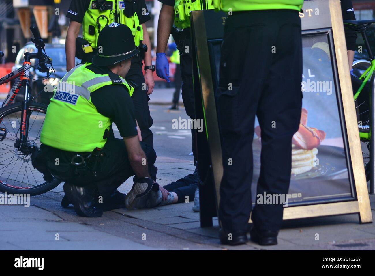 Birmingham, United Kingdom - September 8, 2020: West Midlands Police detain a violent man on Colmore Row two days after a major stabbing incident Stock Photo