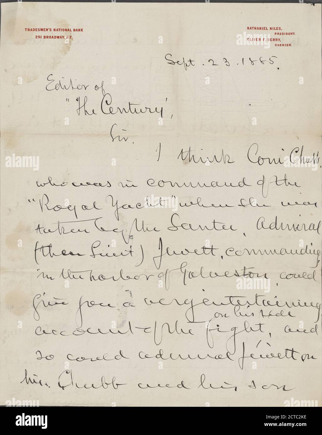 Niles, Nathaniel, text, Correspondence, 1885 Stock Photo