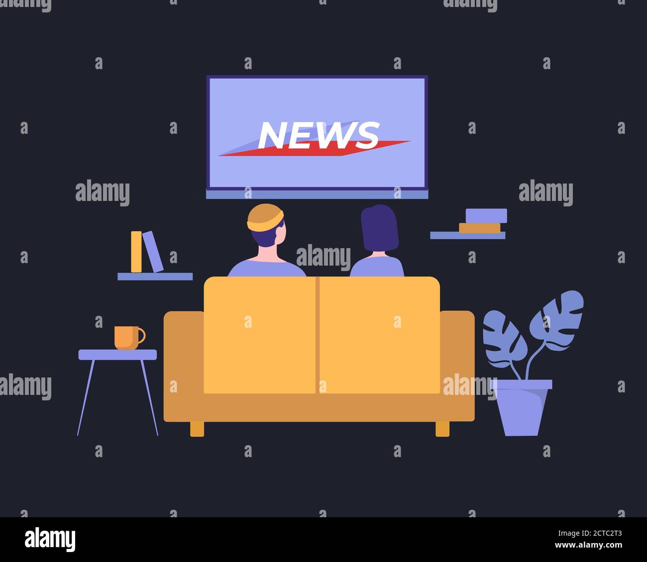 People watch news illustration. Watching latest information events of day on TV in cozy living room at home. Stock Vector