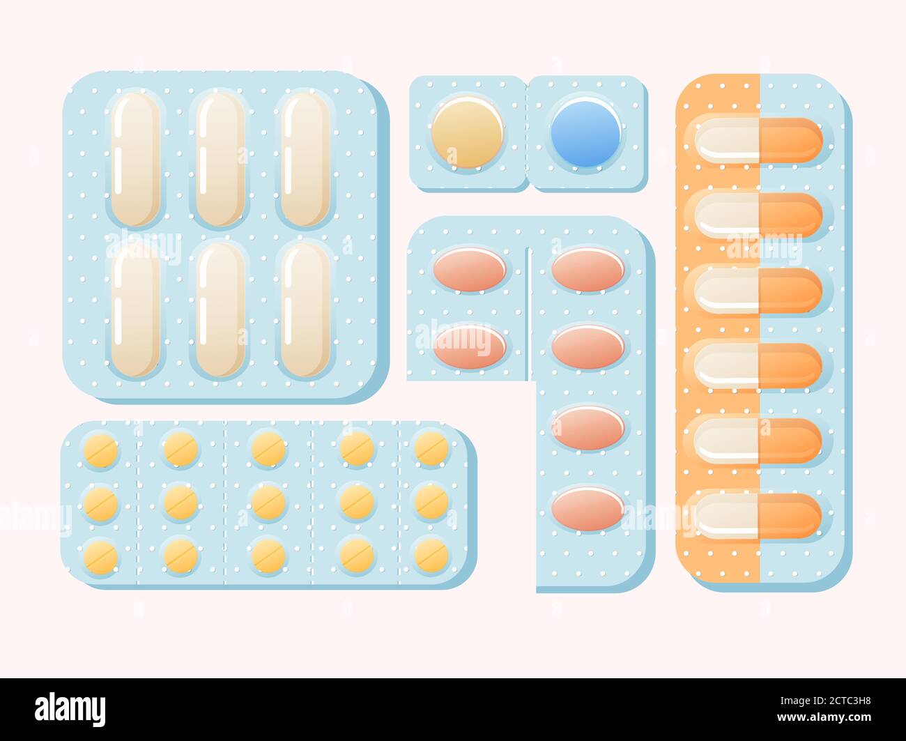Blisters with pills and capsules illustration. Medicinal pain reliever powerful antibiotics red small yellow sedatives. Stock Vector