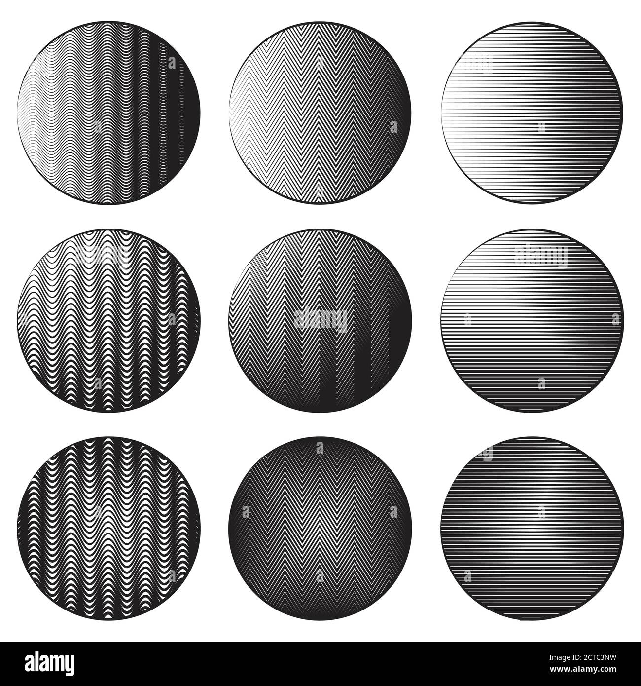 Set of round banners with engraving shading. Different types of