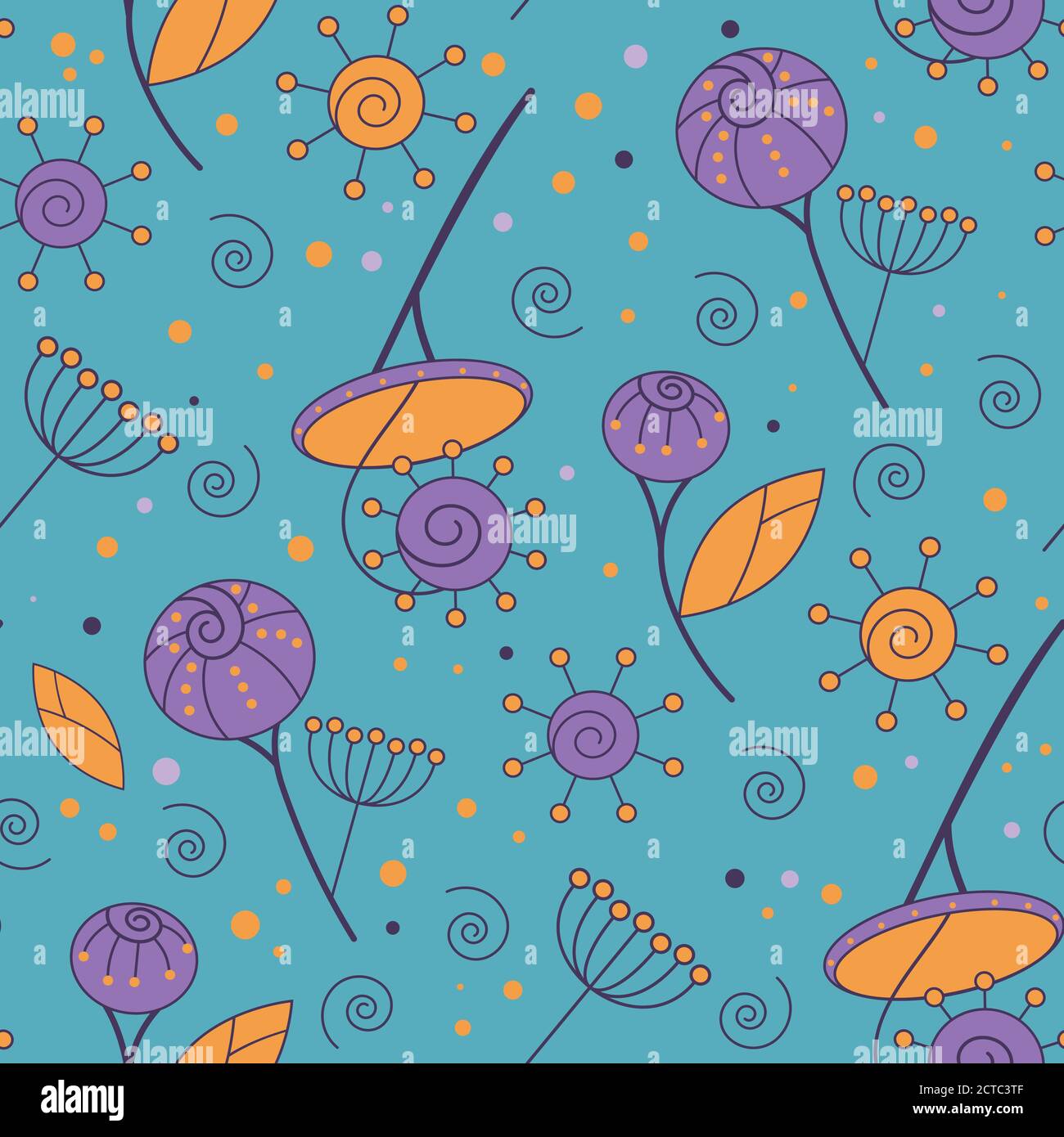 Purple and orange flower vintage seamless pattern on blue background. Stock Vector
