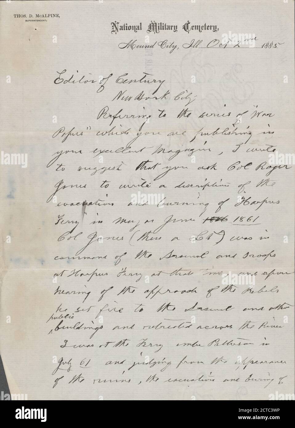 McAlpine, Thomas D, text, Correspondence, 1885 Stock Photo