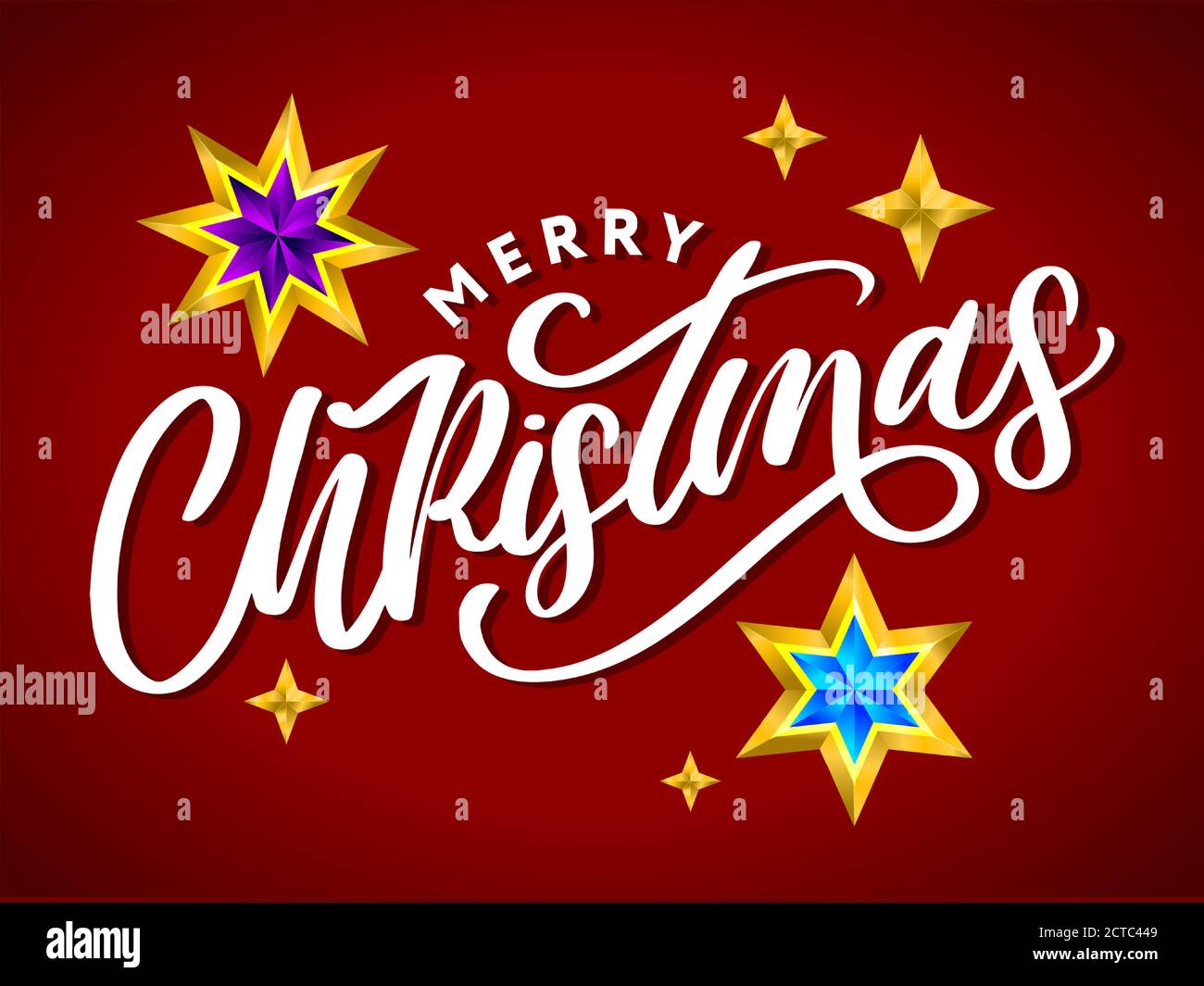 Merry Christmas card with hand drawn lettering and stars on dark ...