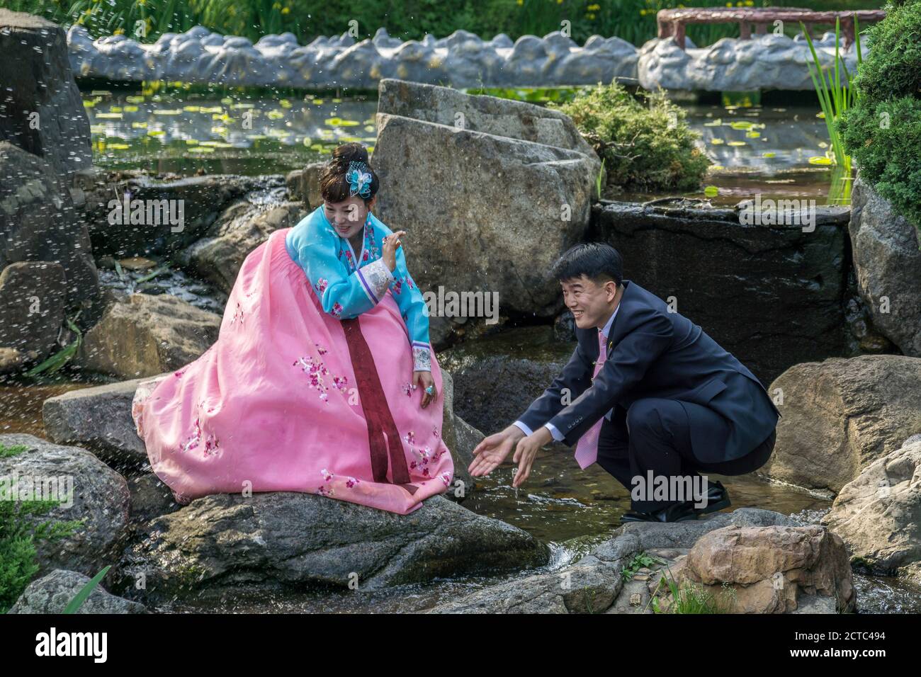 North Korean couple celebrating their wedding in Moranbong park, Pyongyang, North Korea Stock Photo
