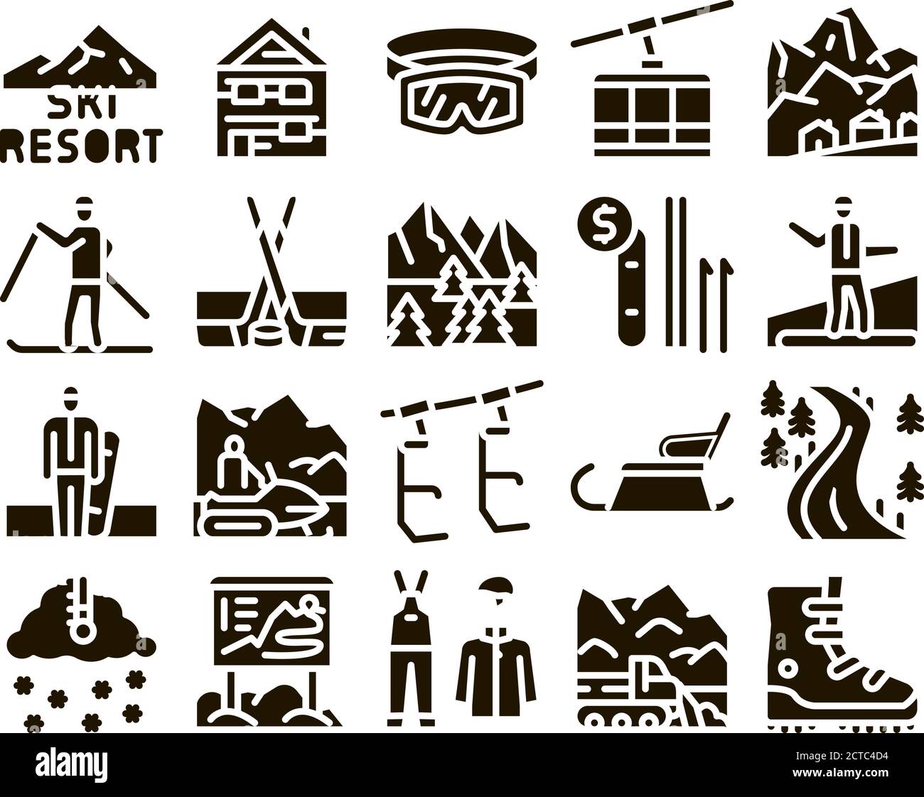 Ski Resort Vacation Glyph Set Vector Stock Vector