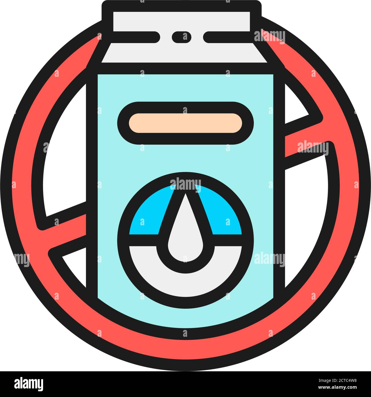 Forbidden sign with milk packaging, lactose allergy flat color line icon. Stock Vector