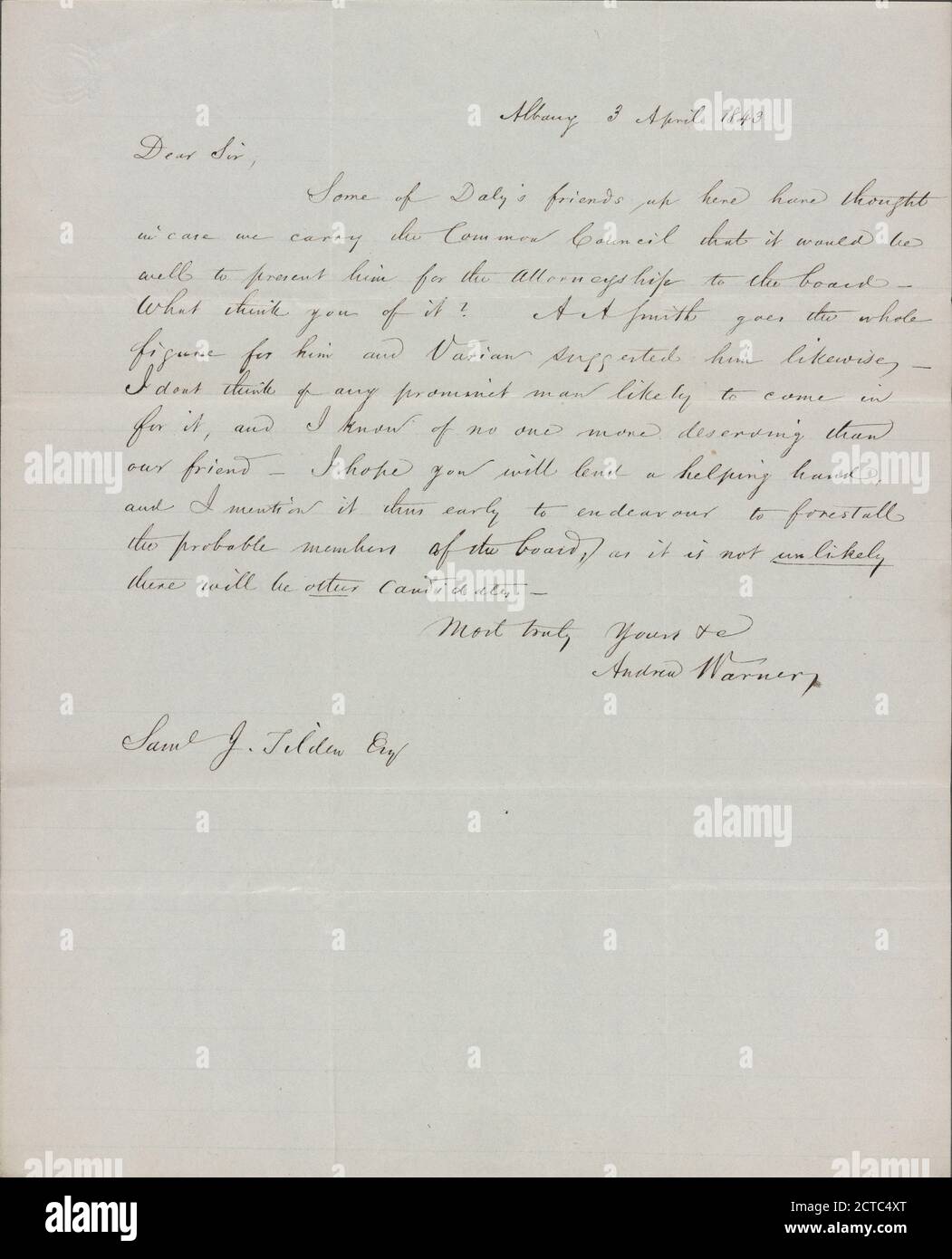 Warner, Andrew, text, Correspondence, 1843 Stock Photo