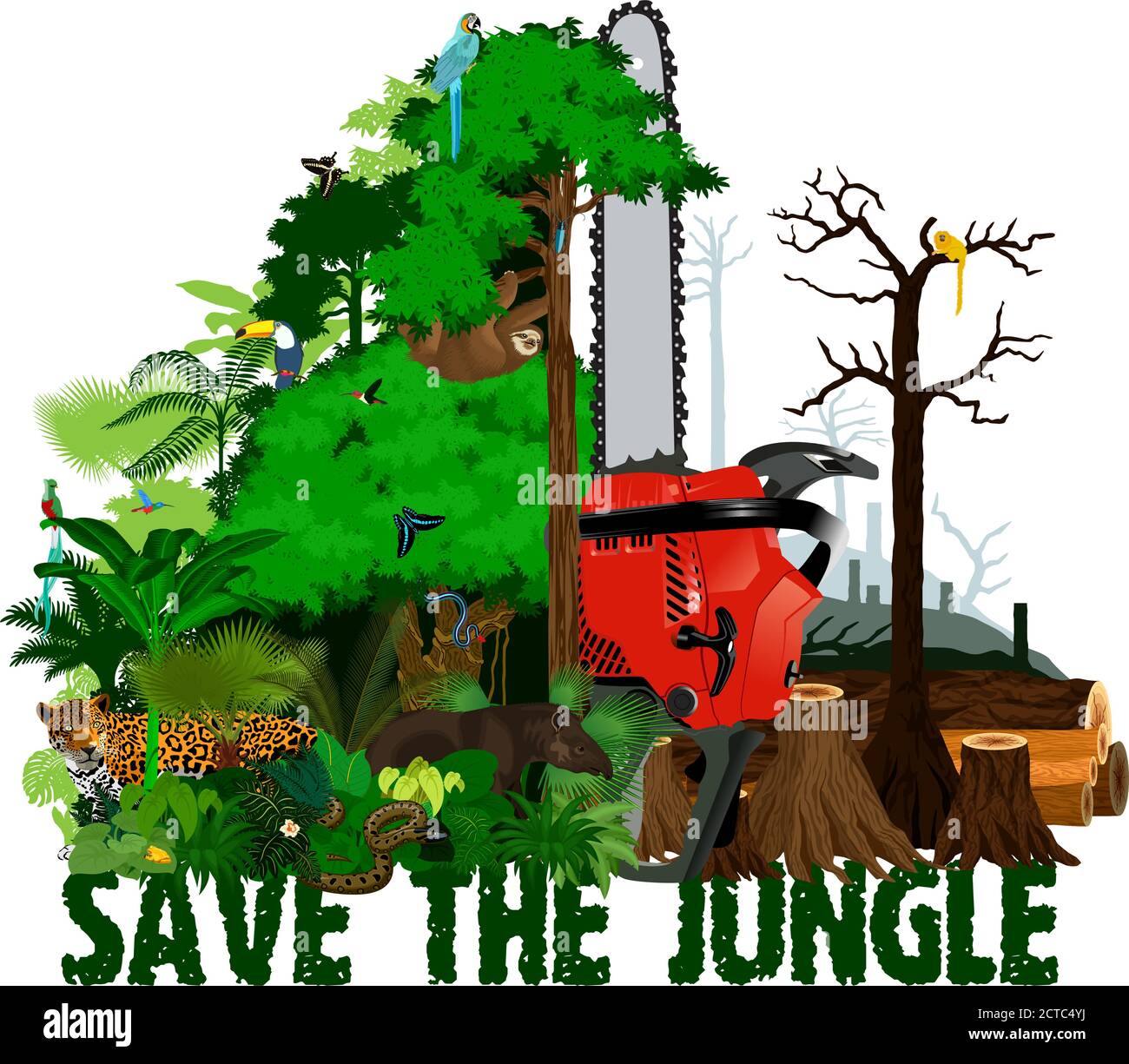 Deforestation  jungle vector illustration. Vector Rainforest destroyed with animals. Stock Vector