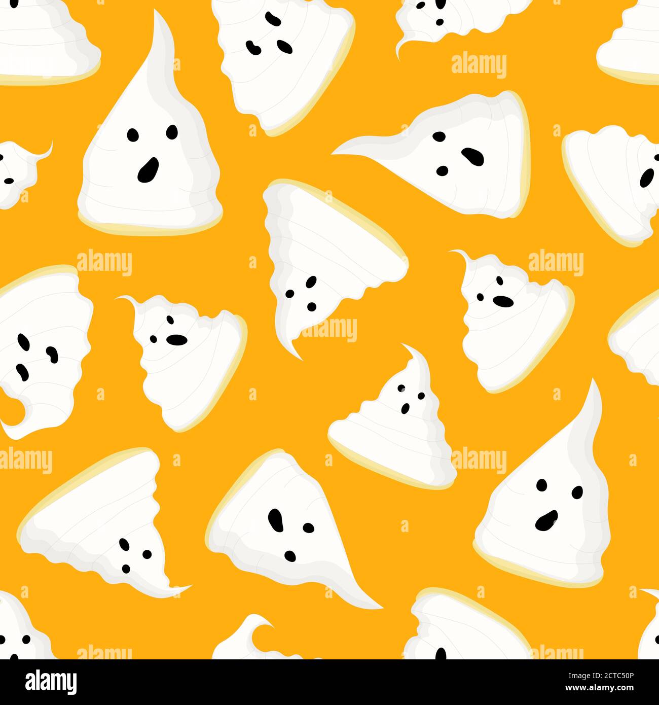 Wrapping paper design. Ghosts pattern seamless. Bright orange background. Halloween. Stock Vector