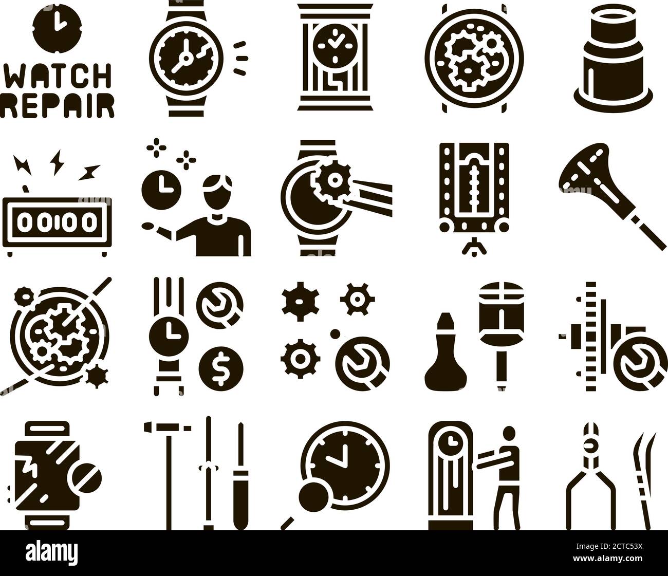 Watch Repair Service Glyph Set Vector Stock Vector