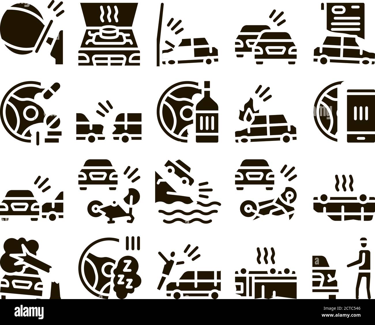Car Crash Accident Glyph Set Vector Stock Vector