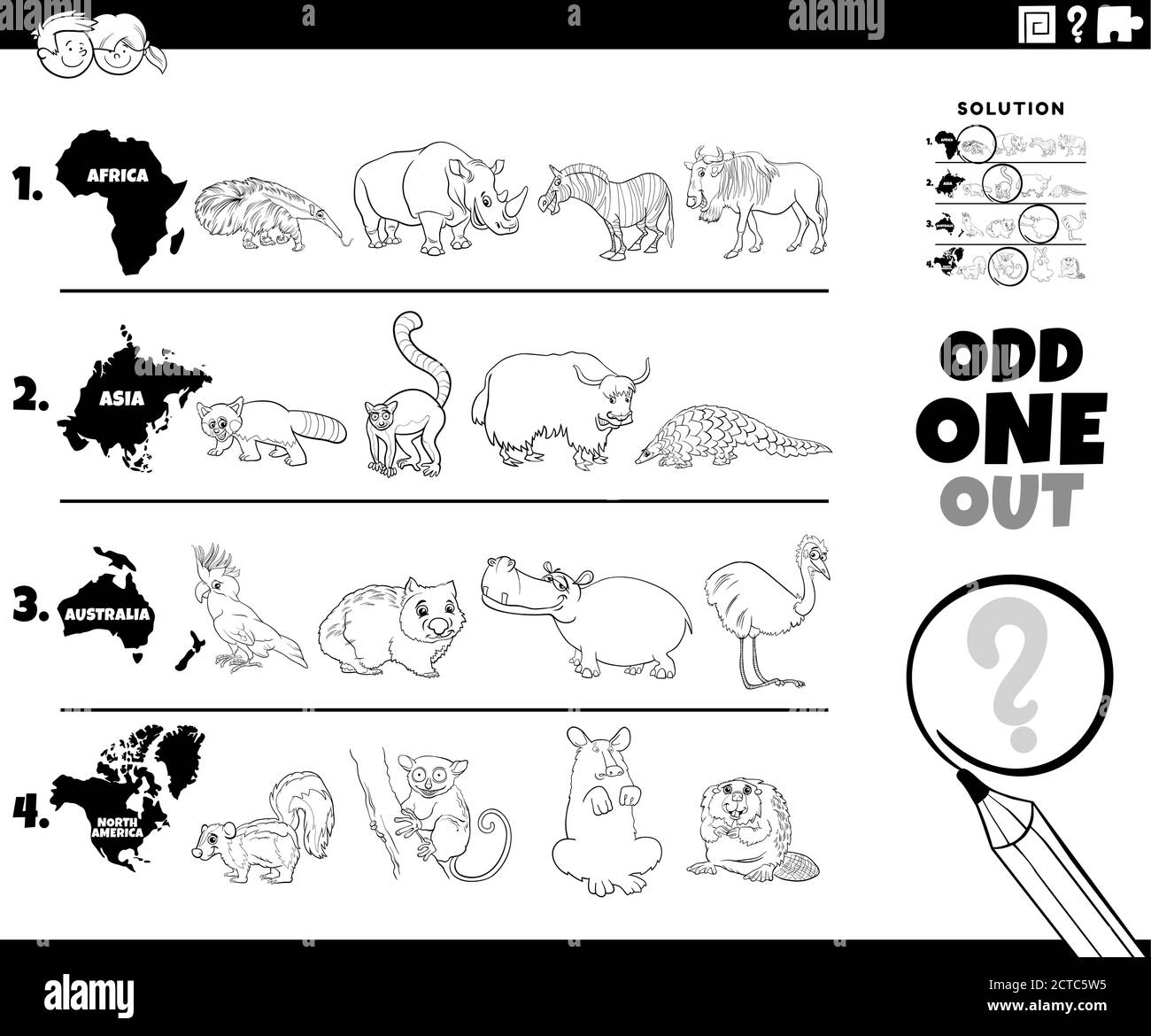 Black and White Cartoon Illustration of Odd One Oute Picture in a Row Educational Game for Elementary Age or Preschool Children with Animals from diff Stock Vector