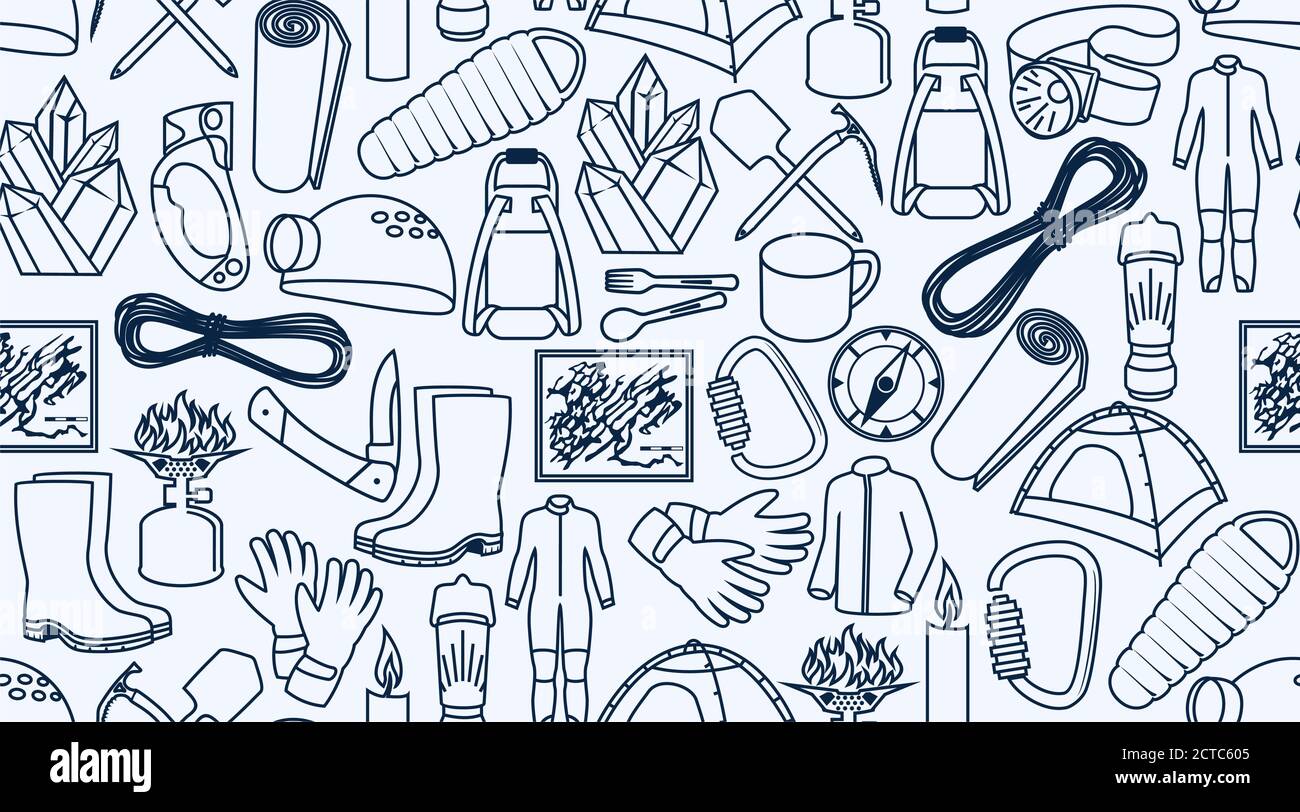 vector caving and climbing line icons background texture seamless pattern Stock Vector