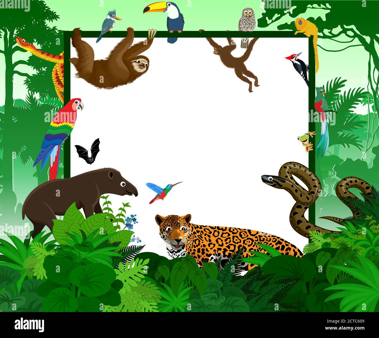 vector frame with tropical jungle cartoon animals Stock Vector