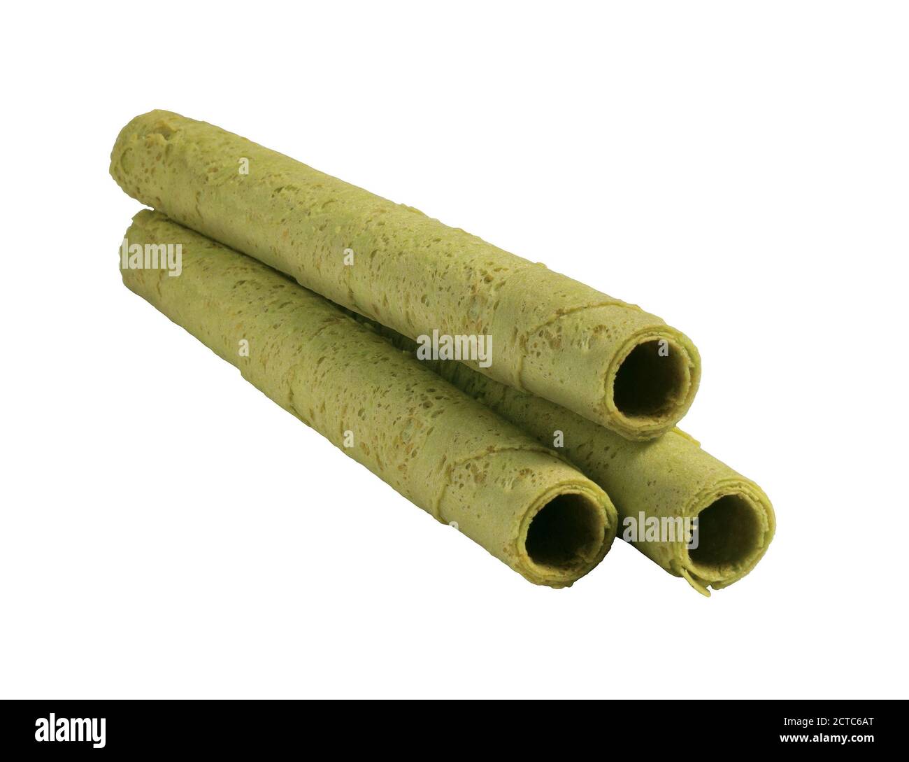 Green tea flavour egg roll biscuits isolated on white background Stock