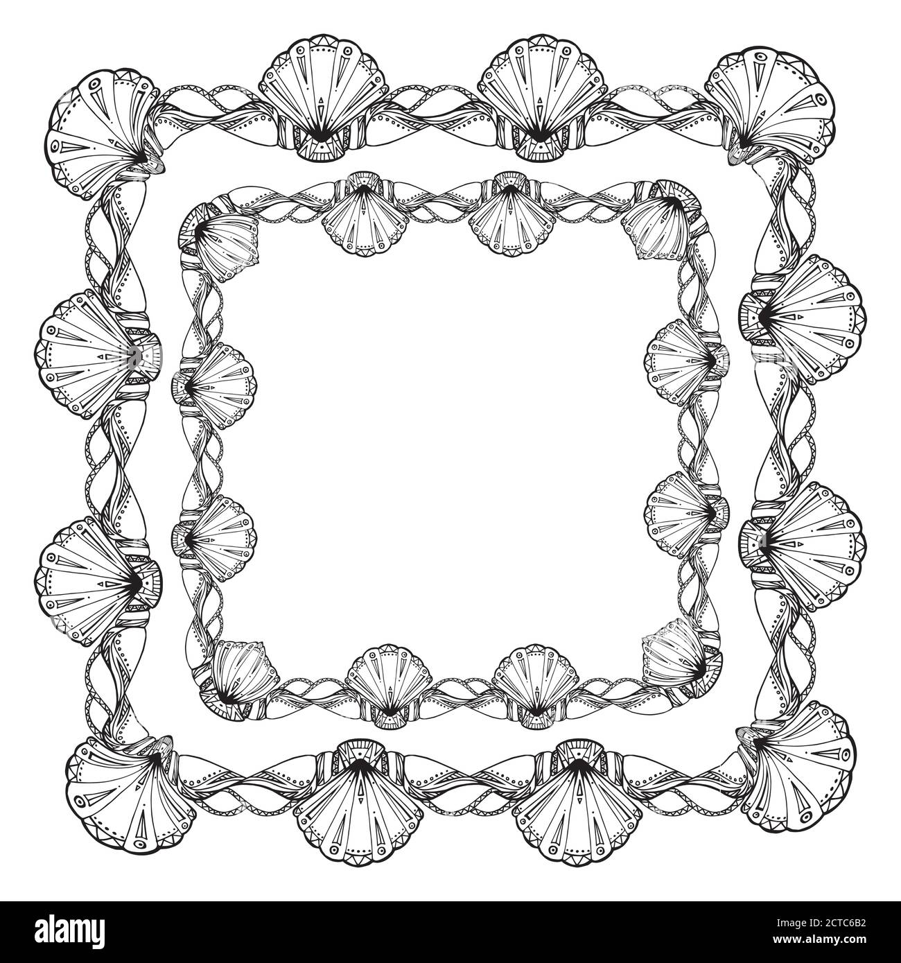 Set of square black and white frame with seashells with boho pattern ...