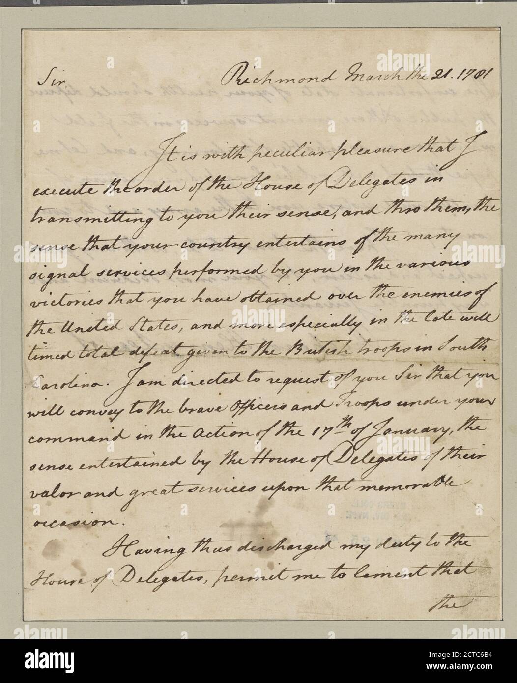 Lee, Richard Henry. Richmond. To General Morgan, text, Documents, 1781 Stock Photo