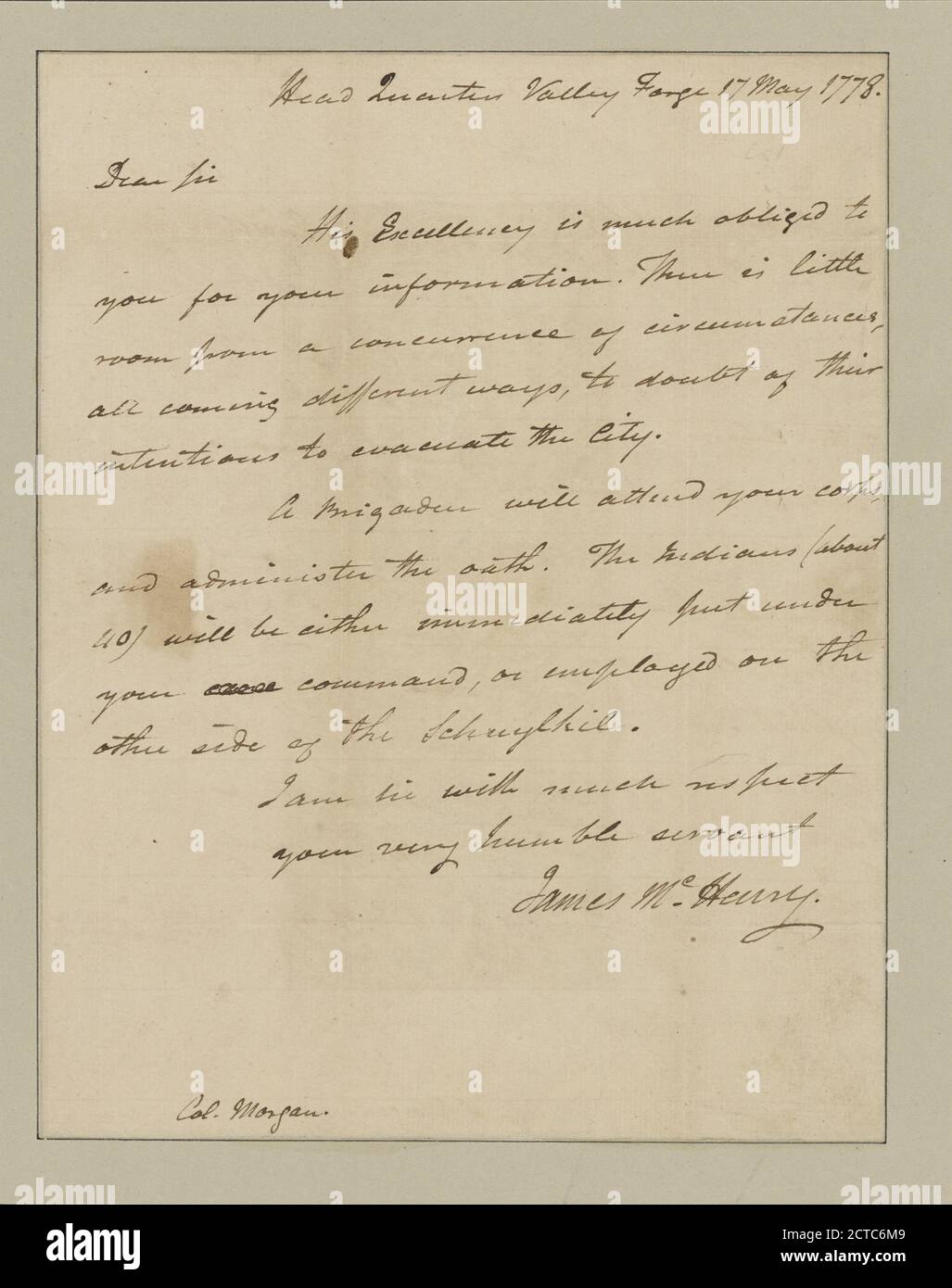 McHenry, James. Headquarters, Valley Forge. To Col. Daniel Morgan, text, Documents, 1778 Stock Photo
