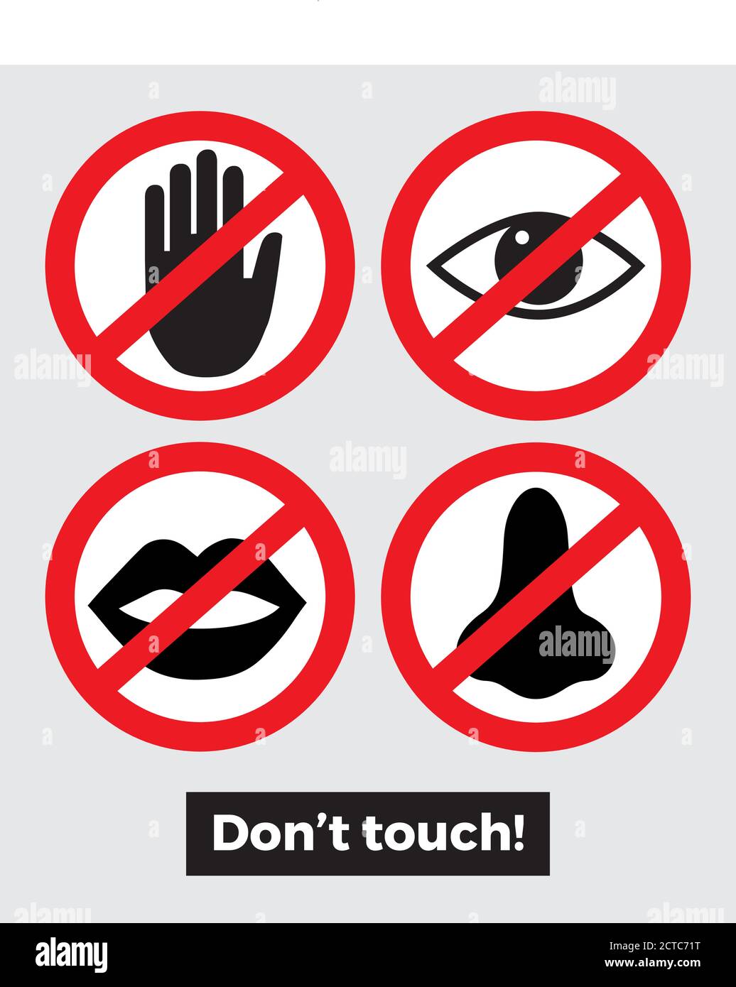 Don't touch sign hands, eyes, nose, mouth Stock Vector