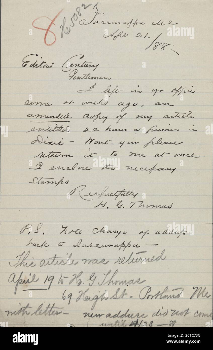 Thomas, H.G, text, Correspondence, 1888 Stock Photo