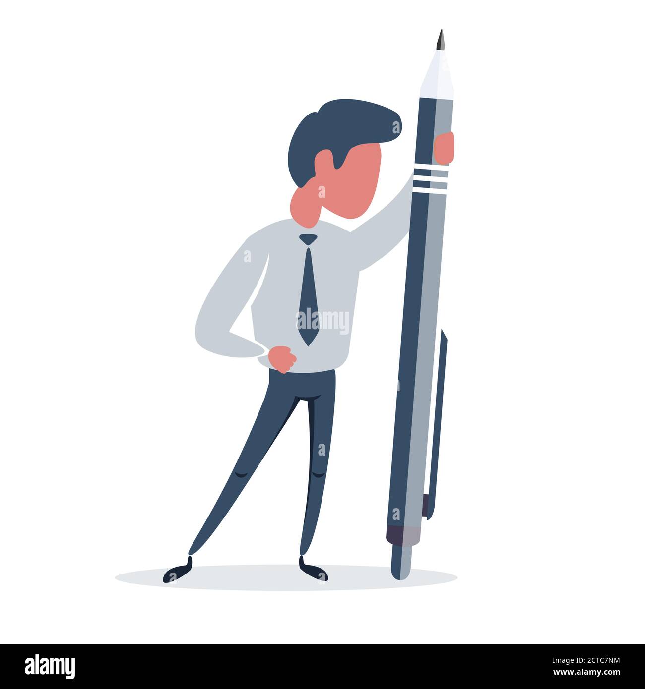 Vector cartoon illustration of Man holding a large pen. Artist with