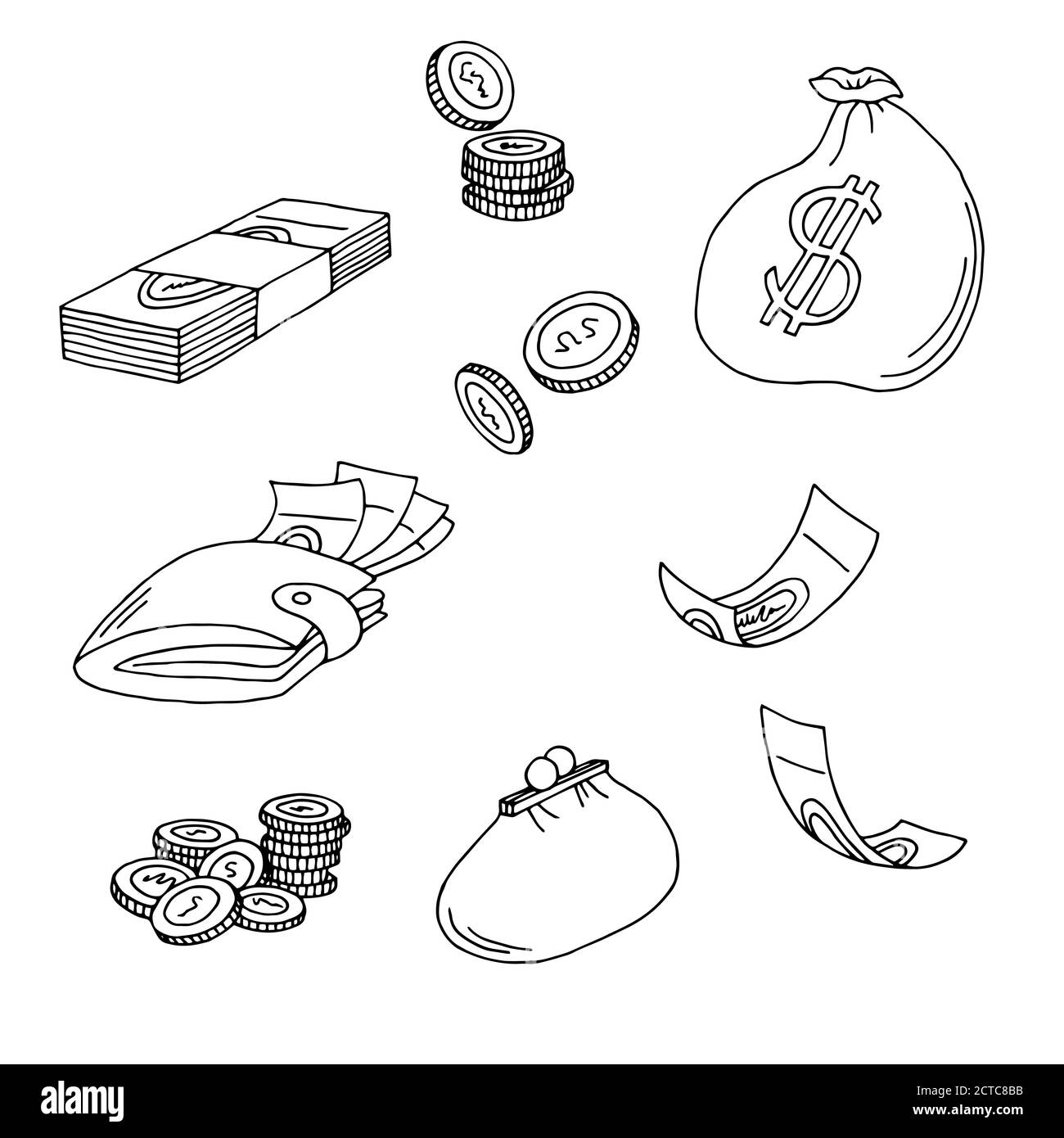 Money graphic set art black white sketch isolated illustration vector Stock Vector