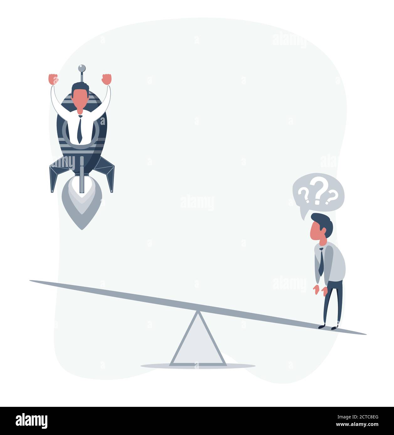 Business startup concept. Vector illustration with a businessman flying up on a rocket and a loser. Stock Vector