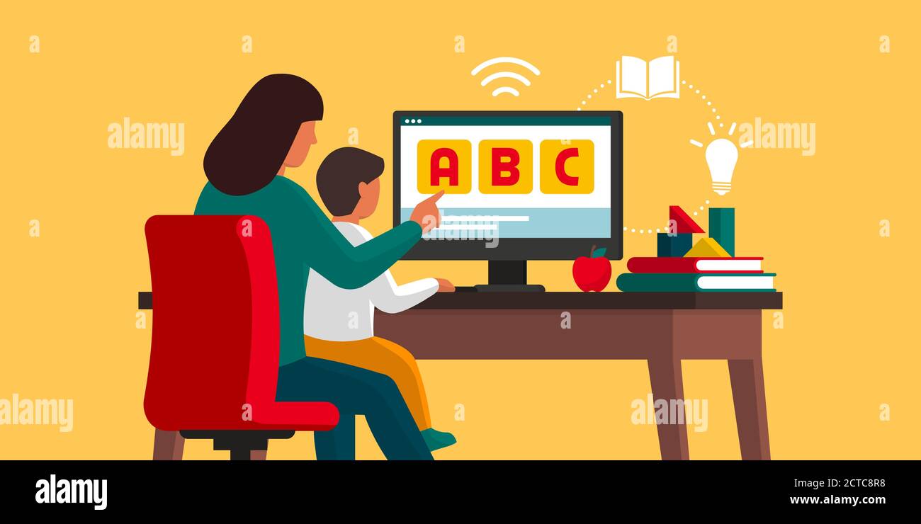 Kid learning at home with his mother and following online classes: homeschooling and e-learning concept Stock Vector