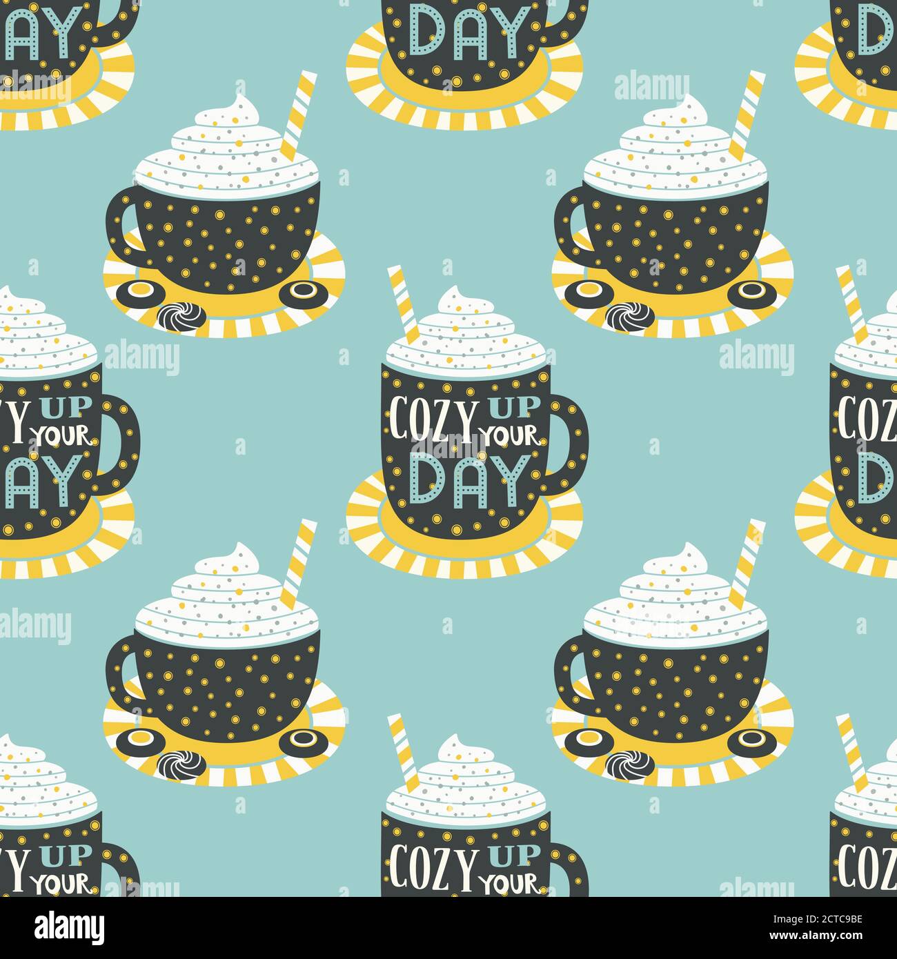Warm cozy cocoa cup vintage retro seamless pattern Stock Vector