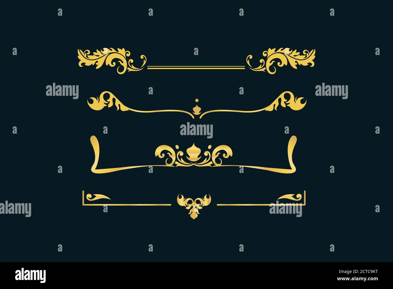 Gold vintage ornament set. Victorian retro floral pattern ornament