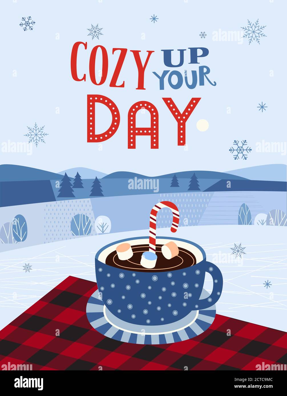 Hot cocoa mug on buffalo plaid flat vector poster Stock Vector