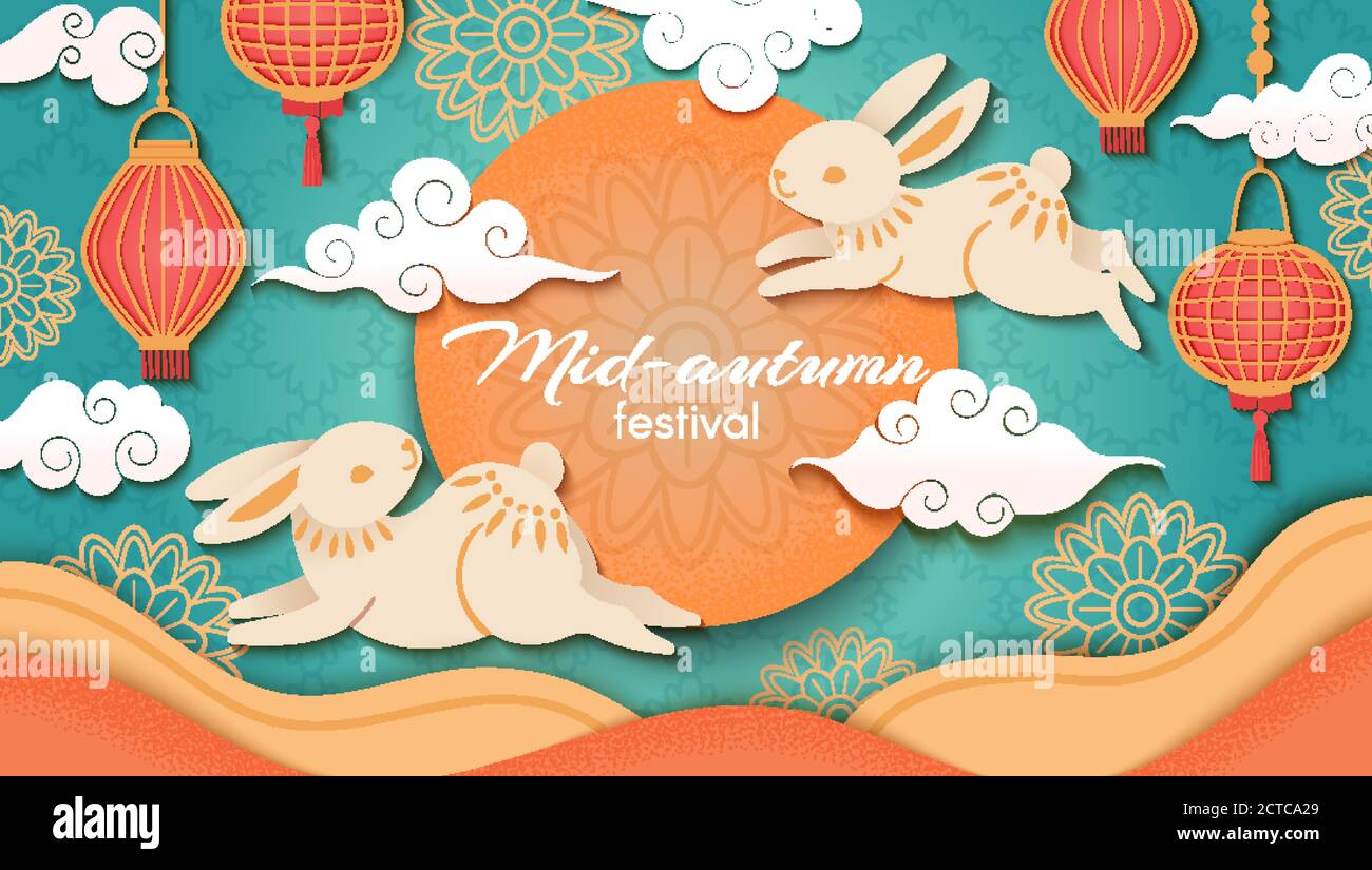 Mid autumn. Happy chinese autumn festival, rabbits and asian flowers and lanterns, moon and clouds, oriental style vector background. Paper cut art or Stock Vector