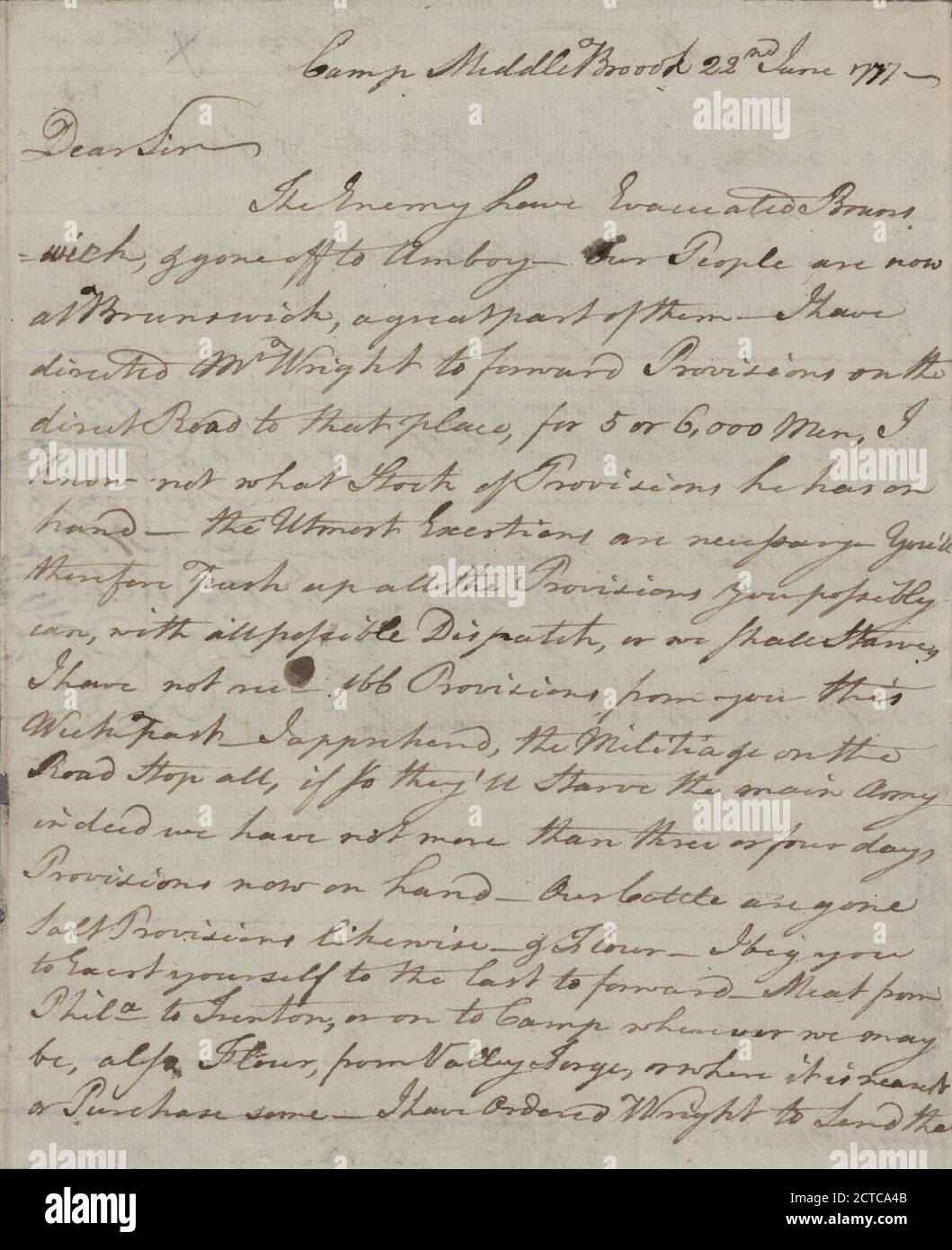 Letter to Matthew Irwin, Deputy Commissary, Philadelphia, text, Documents, 1777, Trumbull, Joseph Stock Photo