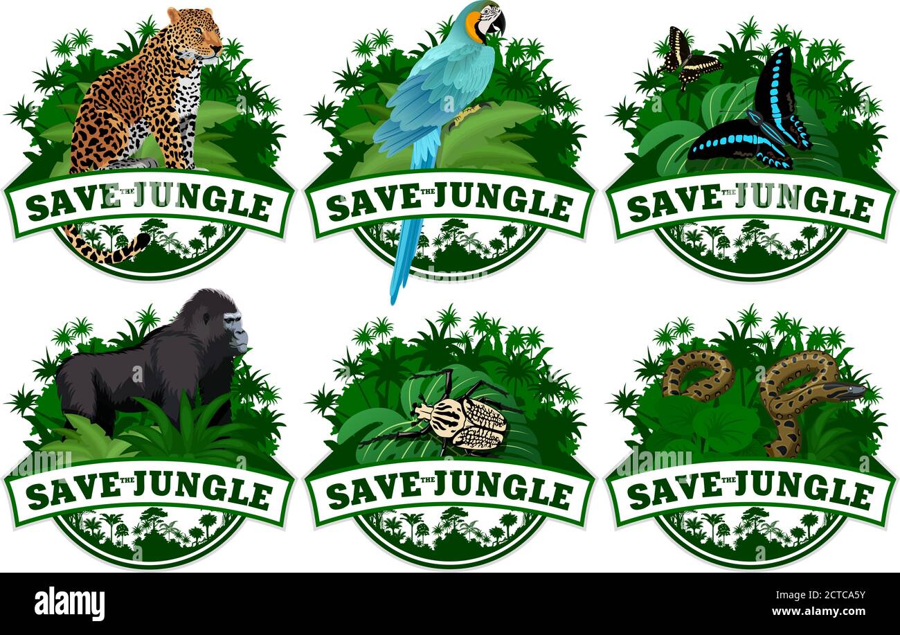 save jungle emblems with animals set Stock Vector