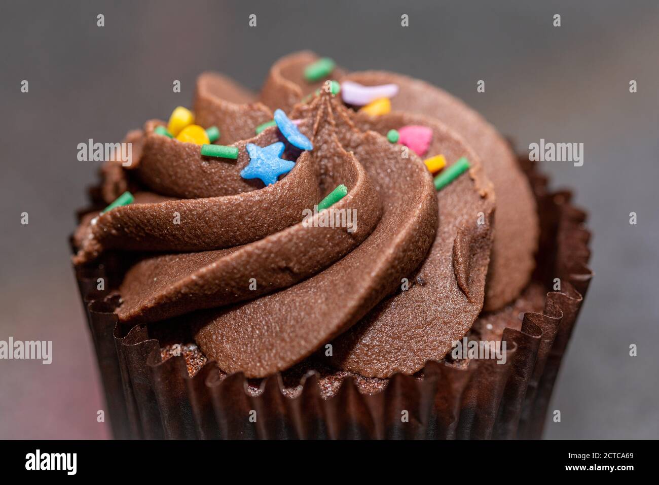 A close up of a chocolate cupcake using selective focus Stock Photo