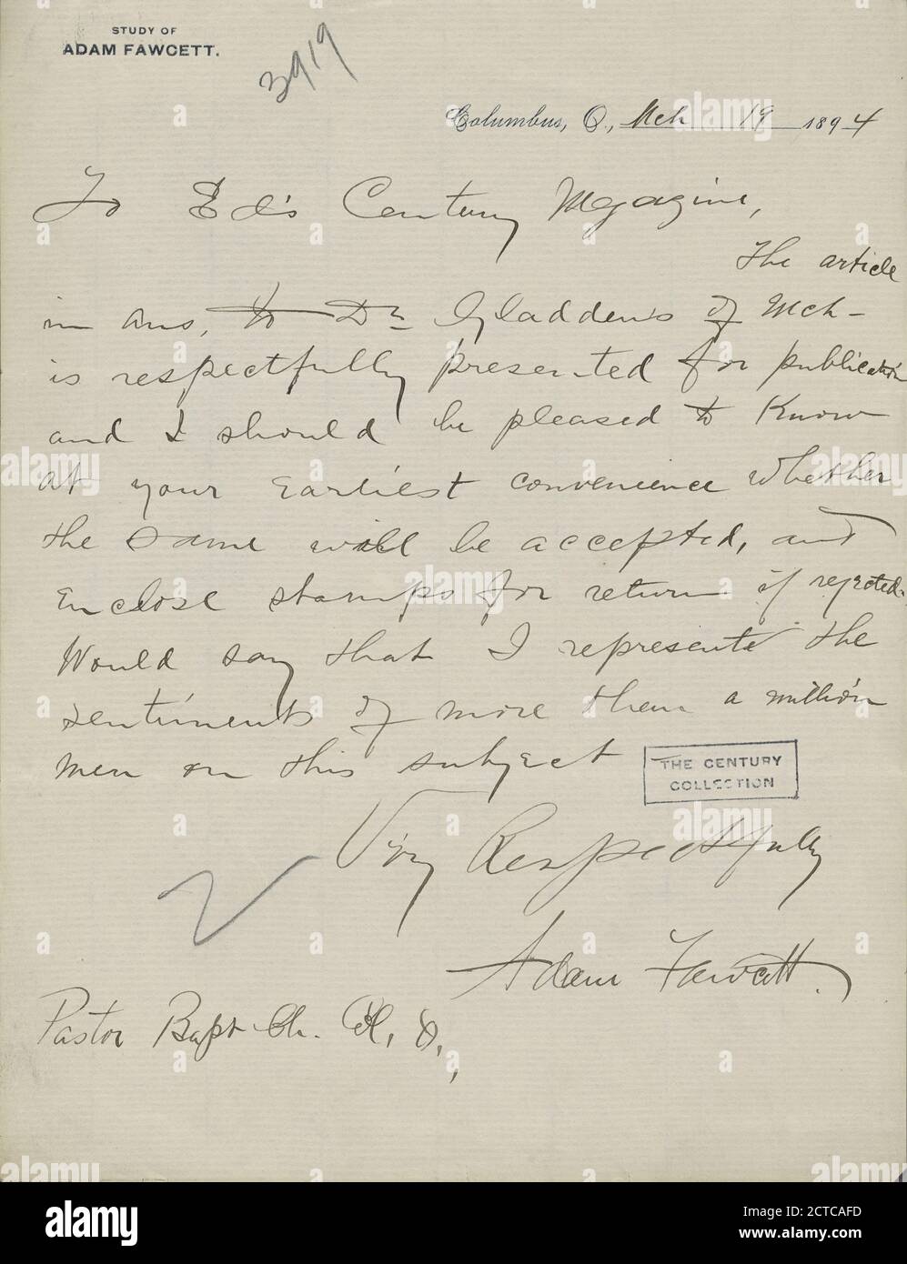 Fawcett, Adam, text, Correspondence, 1894 Stock Photo