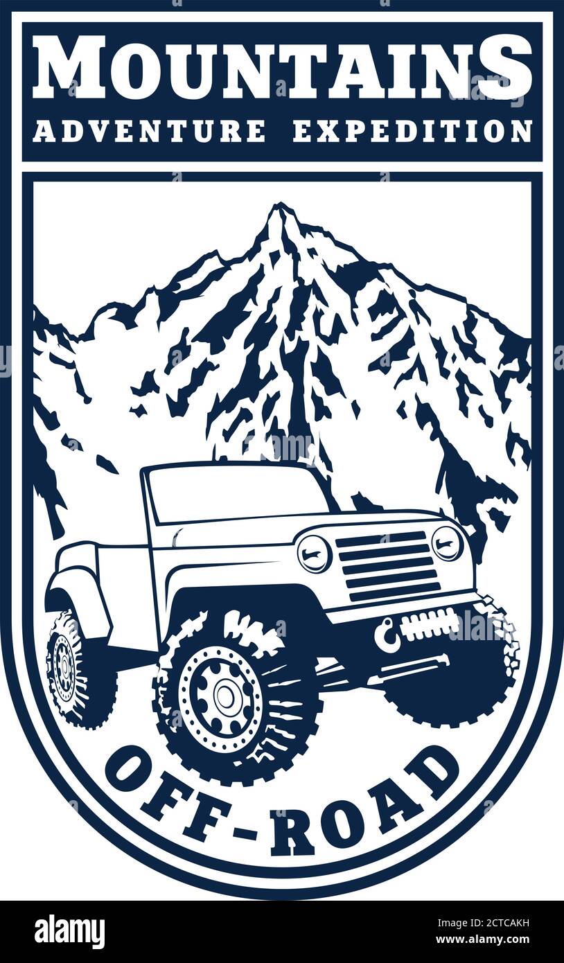 Vector emblem with 4x4 vehicle offroad car and mountains Stock Vector