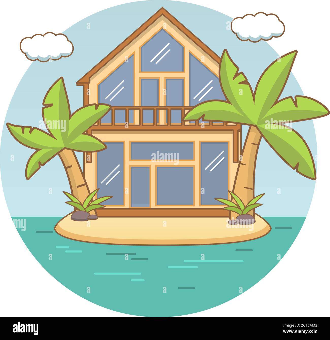 Beach lodge.Tropical island landscape sandy beach and the sea and palm trees,clouds. Stock Vector
