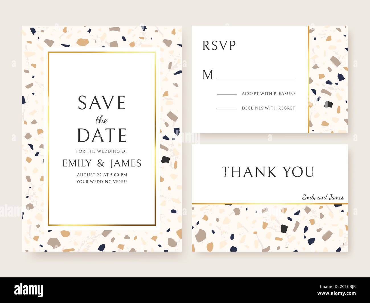 Terrazzo wedding invitation card. Abstract design template bridal flyers with marble texture, save date and name. Announcement vector set. Thank you c Stock Vector