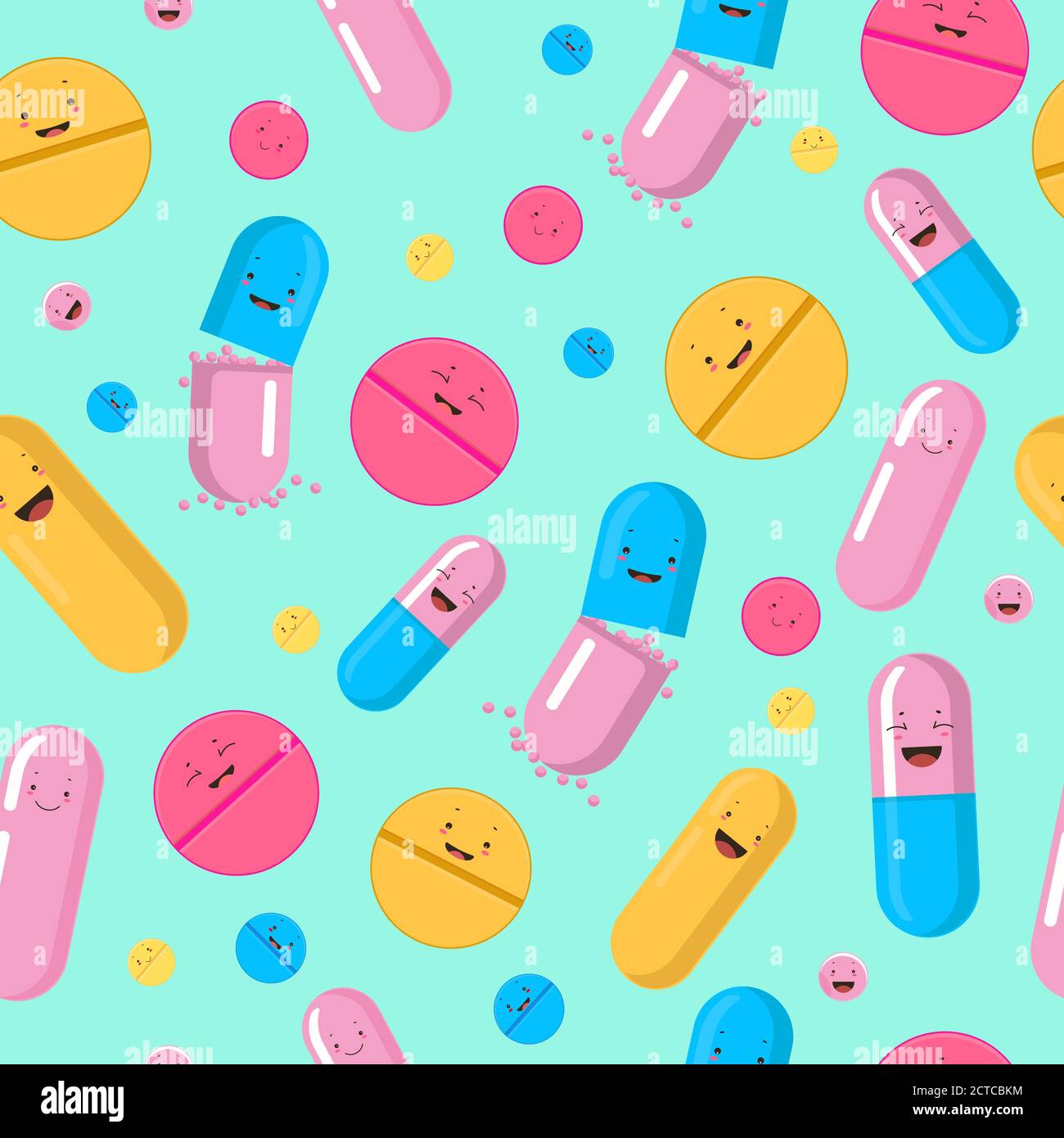 Funny pills seamless pattern. Red yellow cute smiling medicines pink blue antibiotic capsules. Stock Vector