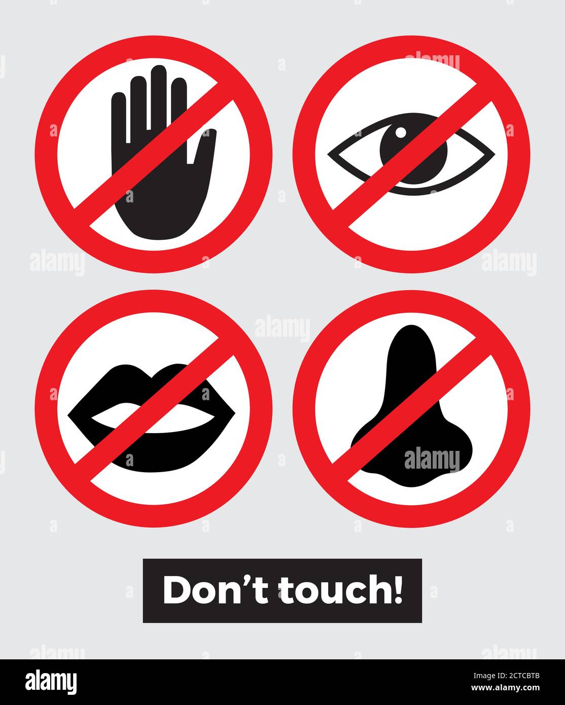 Don't touch sign hands, eyes, nose, mouth Stock Vector