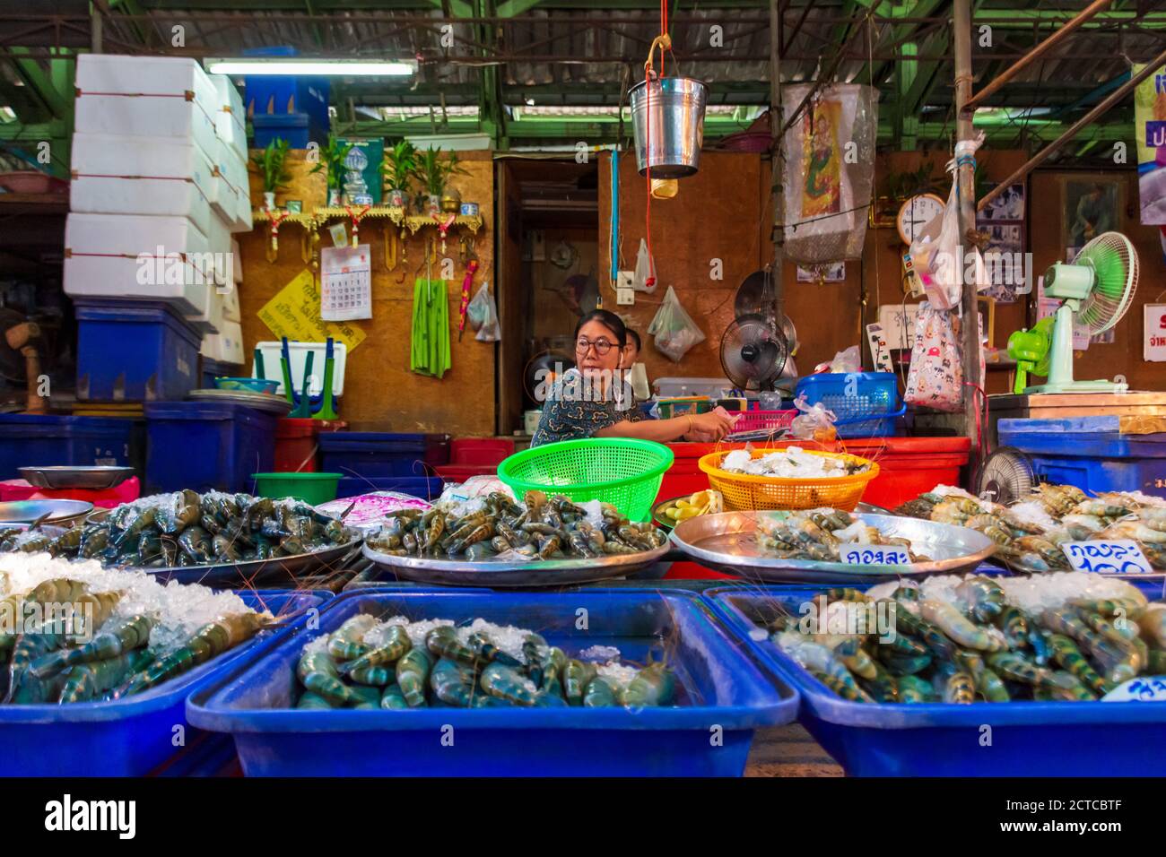 A fish market stall in Khlong Toei market, the biggest fresh market in Bangkok, Thailand. Stock Photo