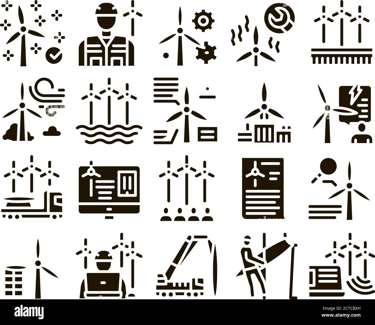 Wind Energy Technicians Glyph Set Vector Stock Vector