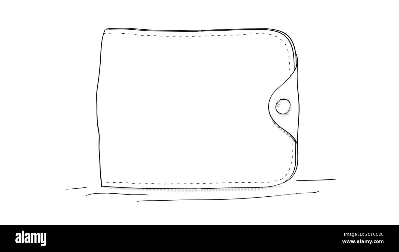 Buttoned leather wallet. Sketch drawing on white background. Drawing